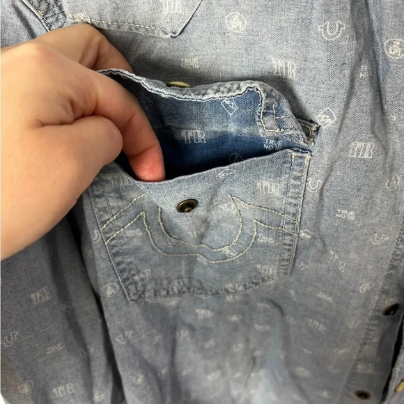 True Religion • All Over Logo Chambray Button Down Long Sleeve Shirt - Picture 3 of 10